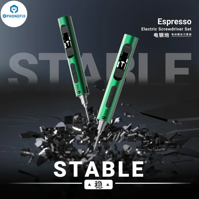 PHONEFIX 2UUL SD11 espresso electric screwdriver for phone disassembly, showing the compact screwdriver tool with attached bits.