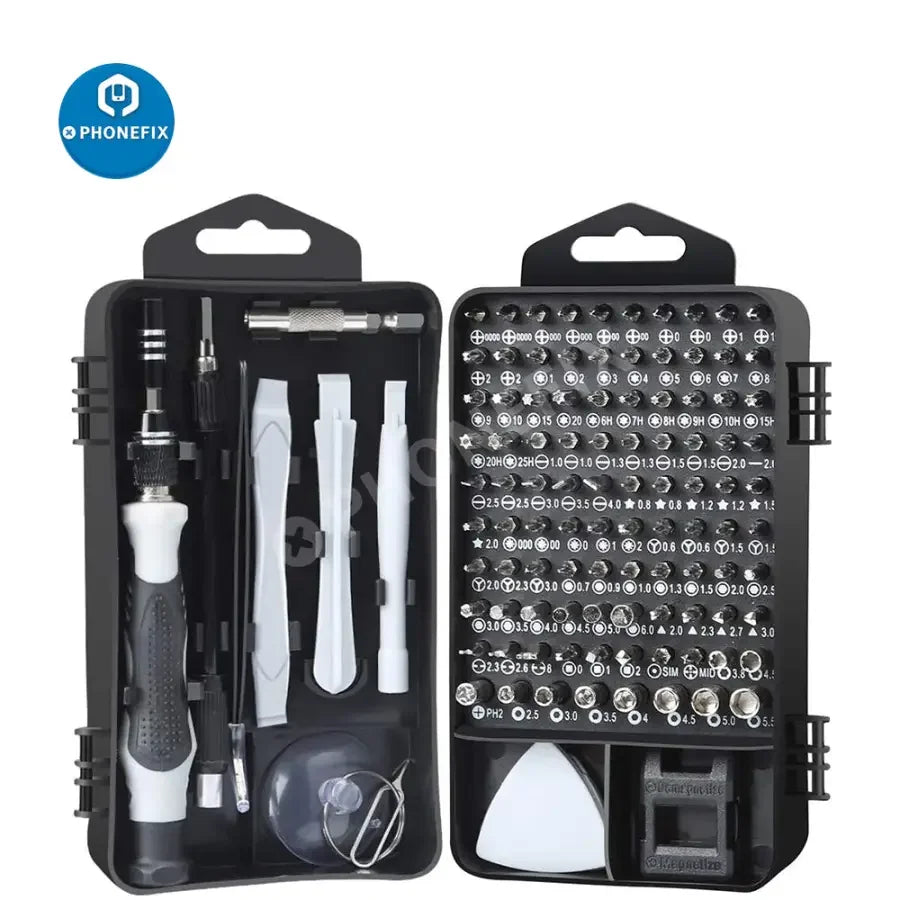 PHONEFIX magnetic precision screwdriver set with multiple small screwdrivers for phone, laptop, and tablet repair tools.