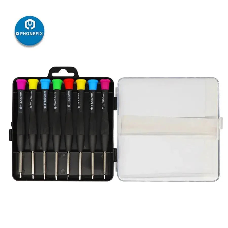 8-in-1 PHONEFIX screwdriver set with storage box, includes various screwdriver tools ideal for phone repair and electronics.
