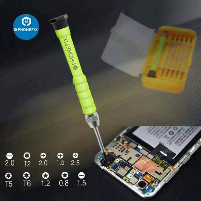 PHONEFIX 11-in-1 magnetic screwdriver set with hand tools for iPhone opening and repair, featuring various screwdriver bits.