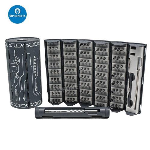 PHONEFIX 128-in-1 magnetic screwdriver set with repair toolkit and storage box, featuring various screwdriver tools for electronics repair.