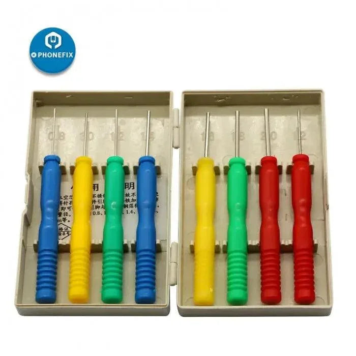 Eight-piece PHONEFIX stainless steel hollow needle kit with non-stick tin screwdrivers for phone repair tools.