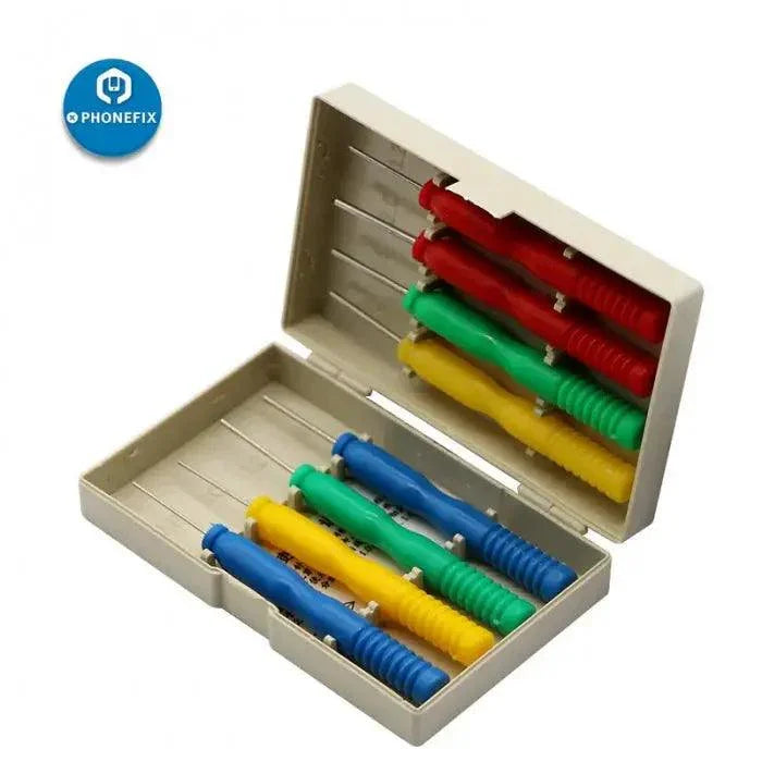 Eight-piece PHONEFIX stainless steel hollow needle kit with non-stick tips, used for precise screwdriving and electronic repairs.
