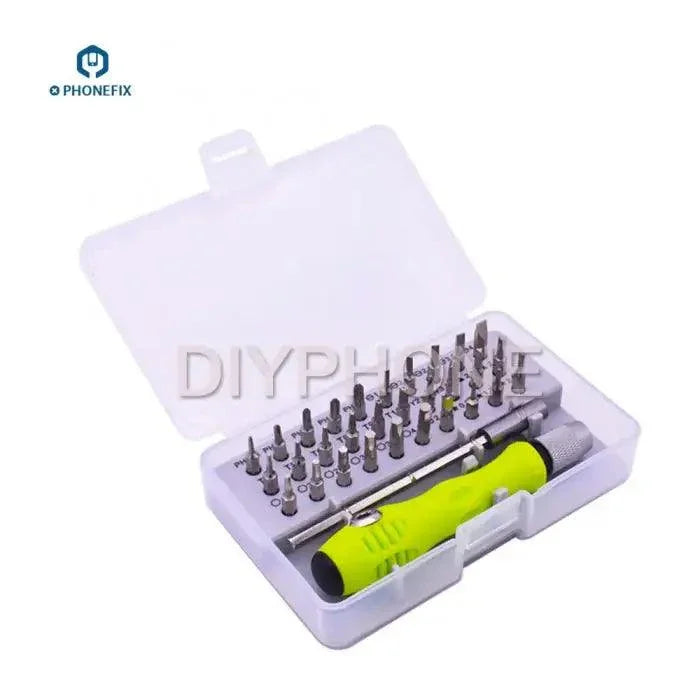 PHONEFIX 32-in-1 precision screwdriver toolkit with multiple bits for phone repair and electronics maintenance.