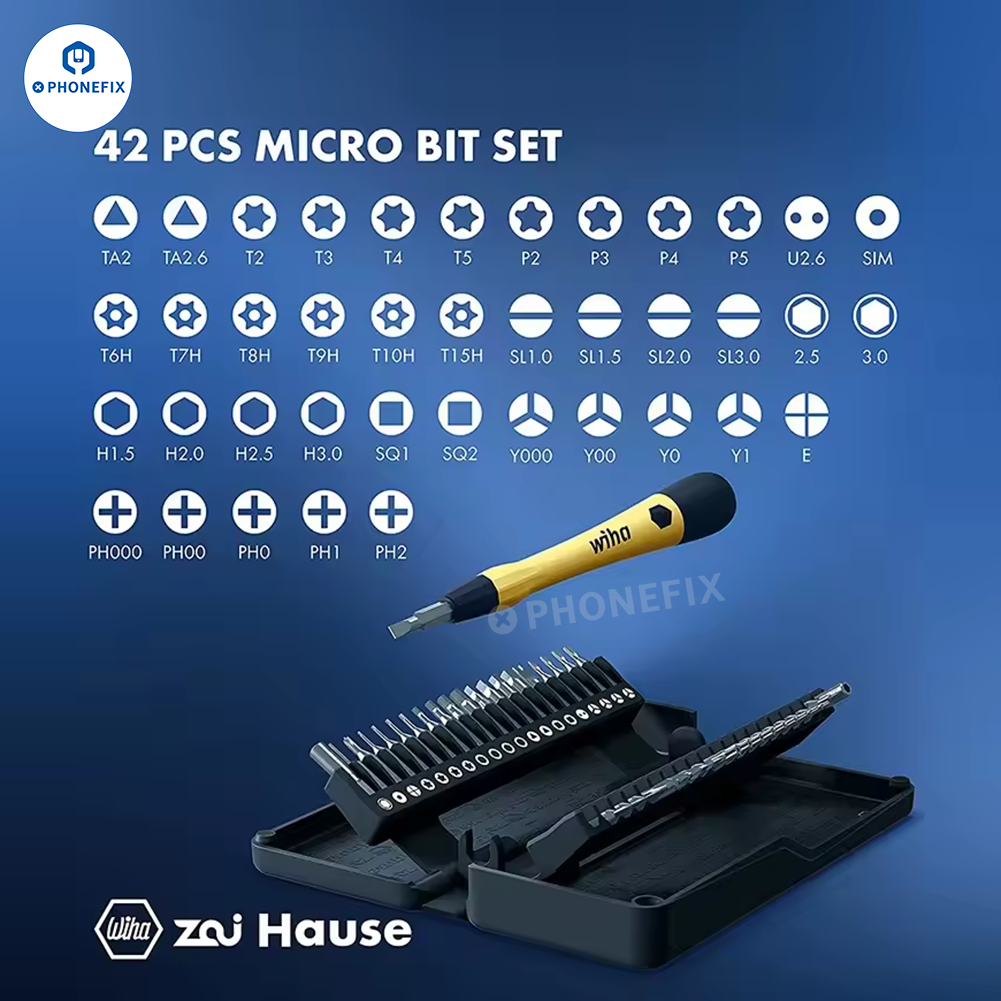 Wiha Magnetic Mini Screwdriver Set by PHONEFIX with precision screwdriver tools for phone repair, shown with various small screwdrivers.
