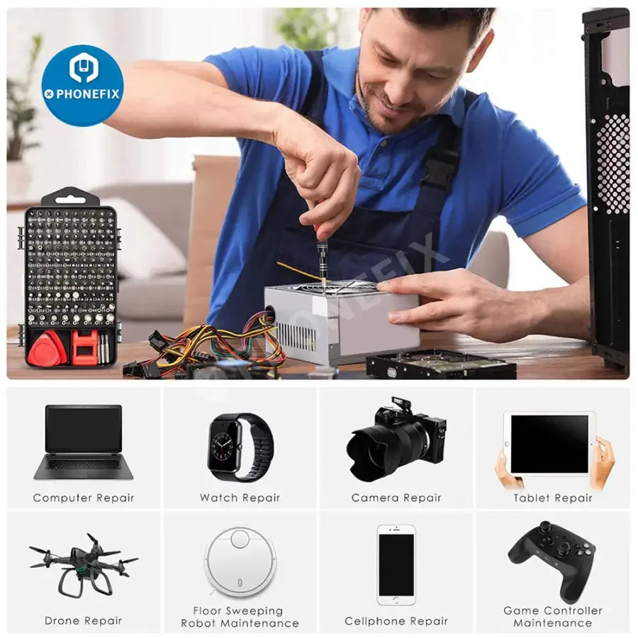 PhoneFix 122-in-1 precision magnetic screwdriver set for phone repair, includes various screwdriver bits and tools for electronic repairs.