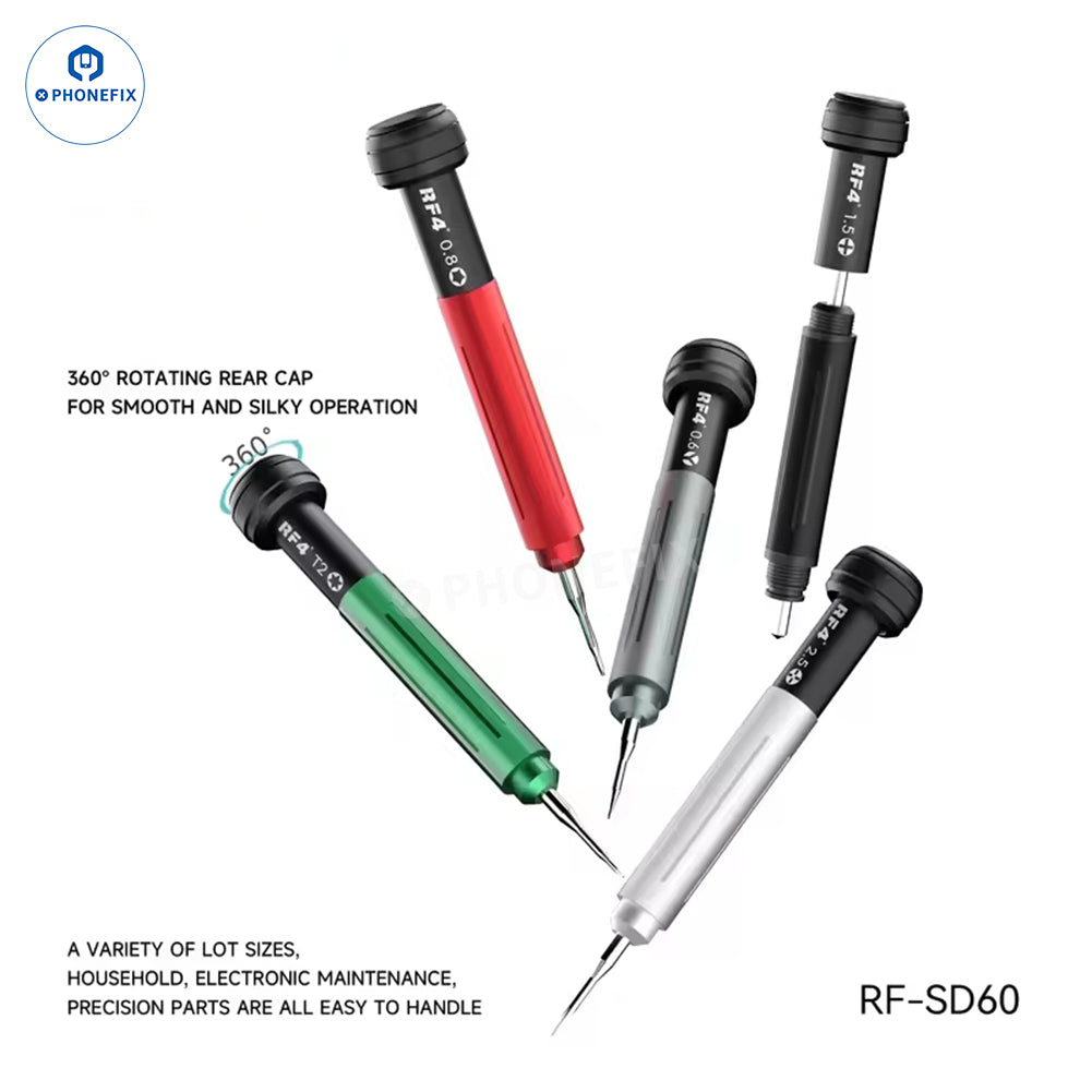 PHONEFIX RF4 RF-SD17 RF-SD35 RF-SD60 phone repair precision screwdriver set with multiple small screwdrivers on a white background.