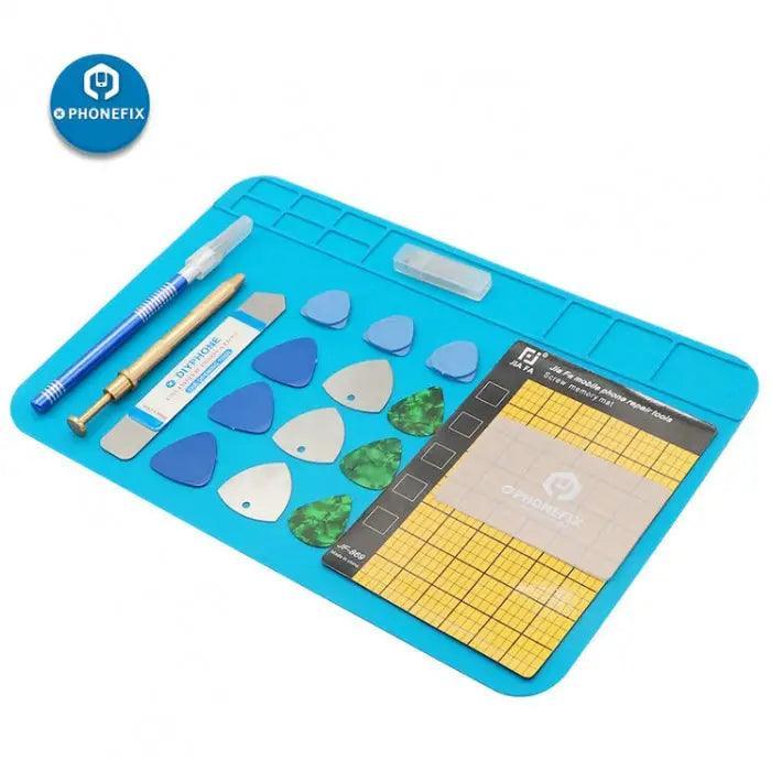 PHONEFIX 20-in-1 LCD screen opening tool kit with screwdrivers and pry tools on a silicone mat for DIY phone repairs