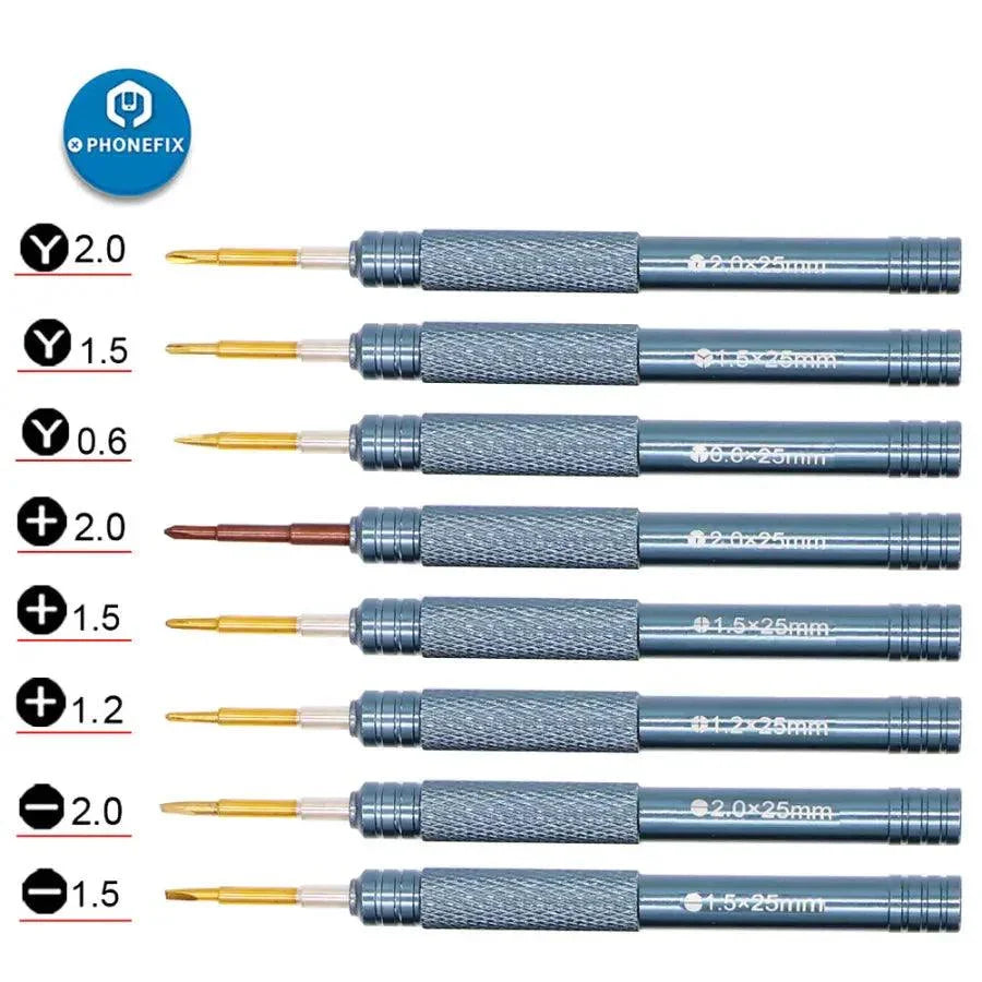 PHONEFIX precision screwdriver with 0.6mm Y-Torx and Phillips tips for iPhone X repair, part of phone repair toolkit.