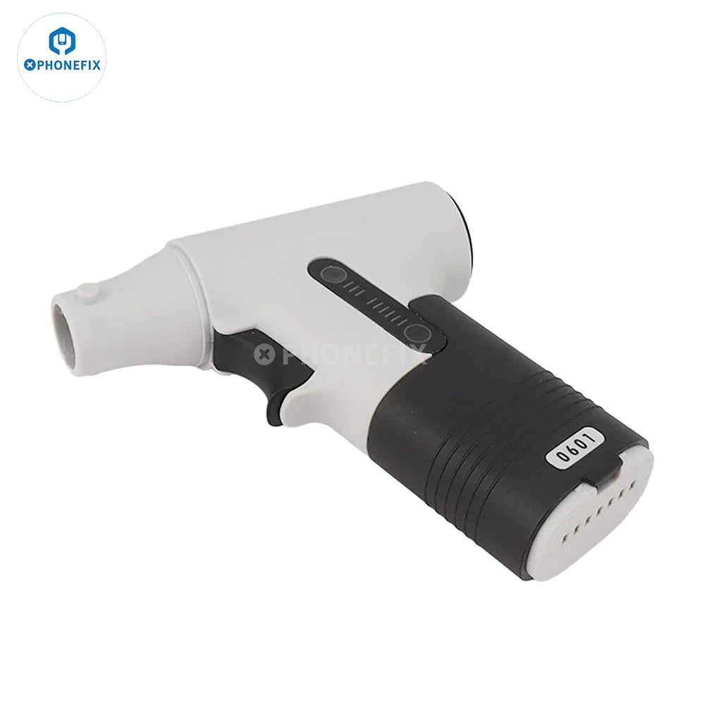 PHONEFIX handheld electric turbofan dust removal fan with blowing and suction features, used as a smoke fume extractor.
