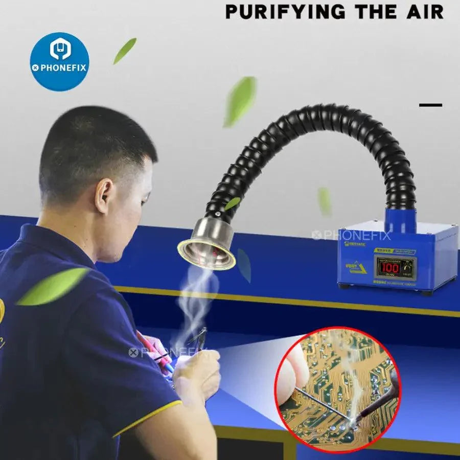 PhoneFIX mechanic smoke fume extractor for PCB BGA soldering repair, compact air cleaner capturing soldering fumes.