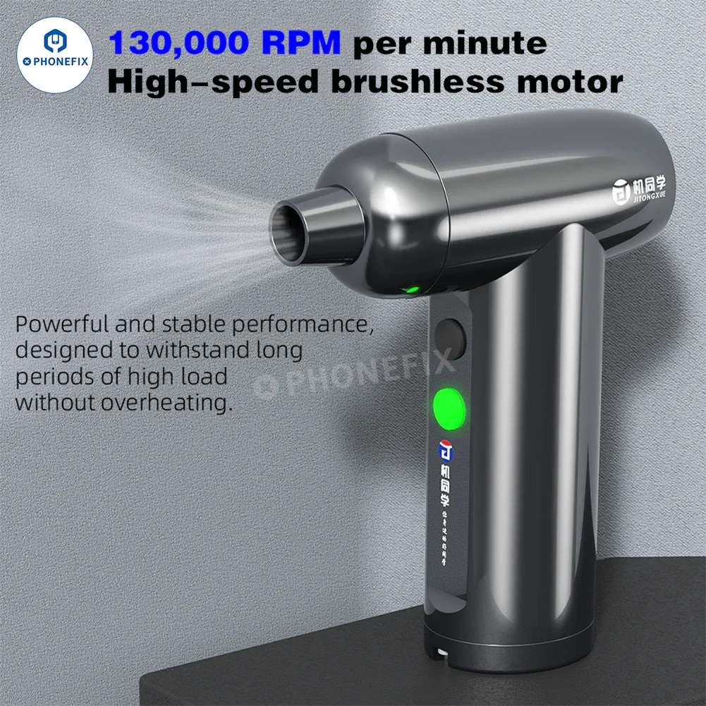 PHONEFIX JTX FF91 rechargeable ultra-high wind clean dust fan used as smoke fume extractor, with a compact, industrial design.