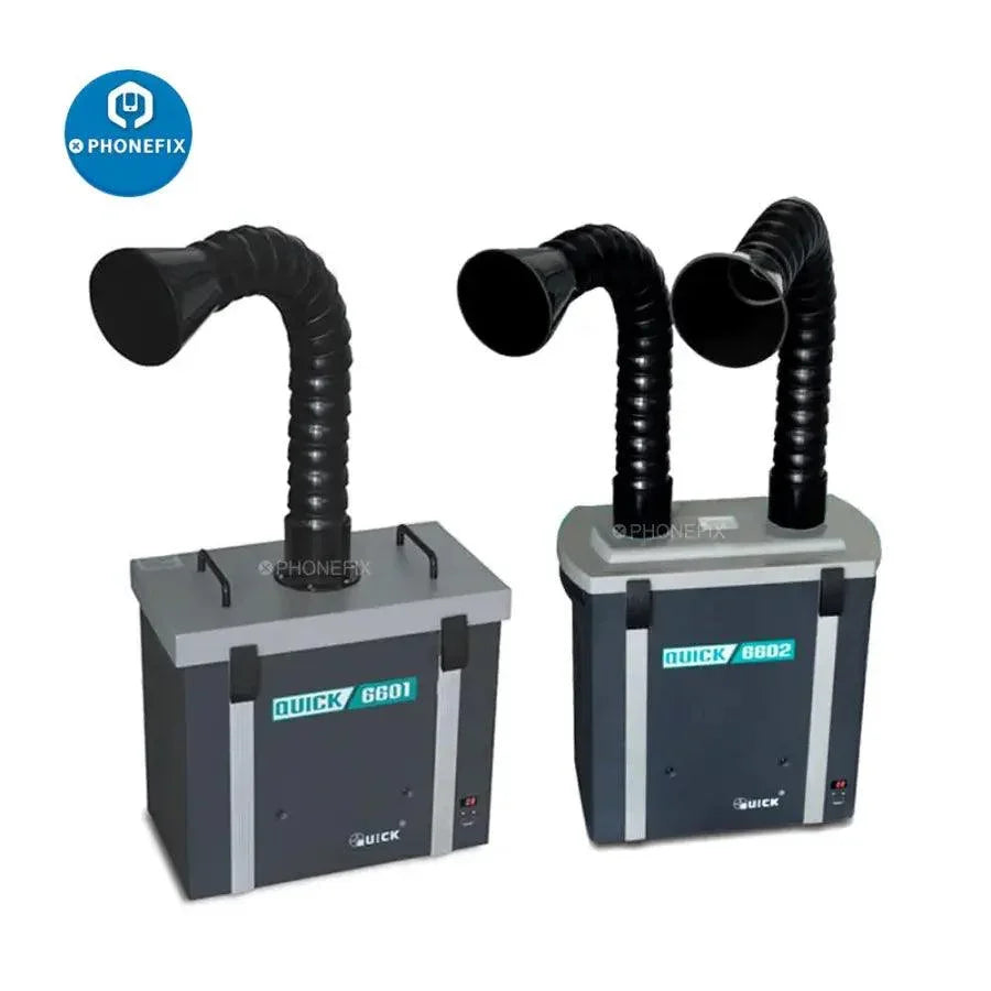 Quick 6602 6601 Fume Extractor with double tubes, PHONEFIX smoke and fume air cleaner for effective air purification.