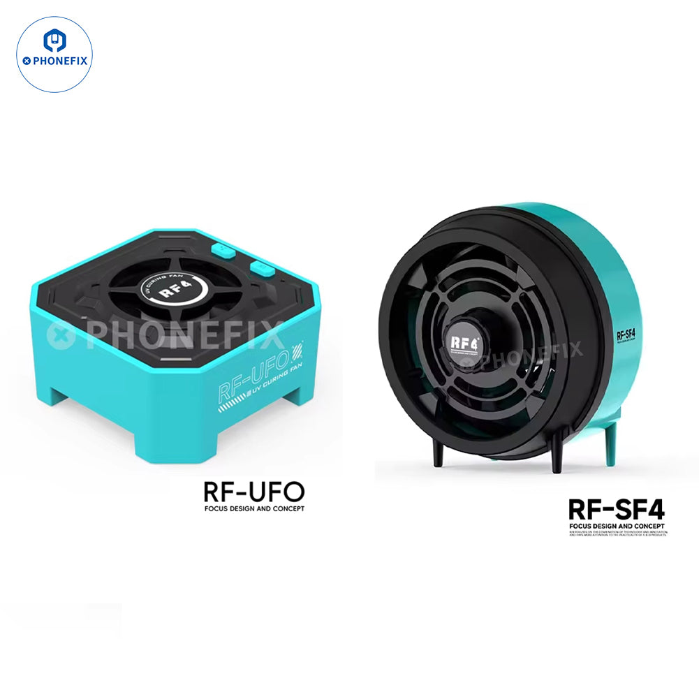 RF4 RF-SF4/UFO smoke exhaust and cooling fan for phone PCB soldering repair, with compact design for fume extraction.