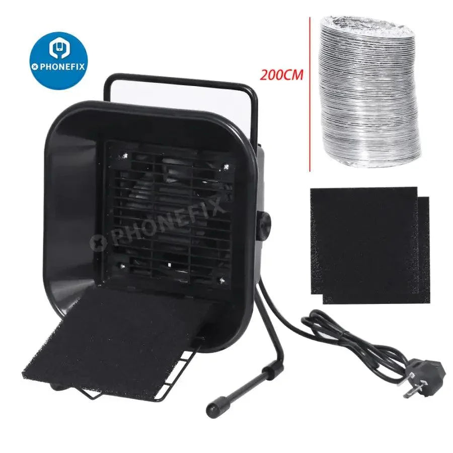 PhoneFix 493 desktop soldering smoke absorber and ESD fume extractor in black with adjustable arm for efficient smoke removal.