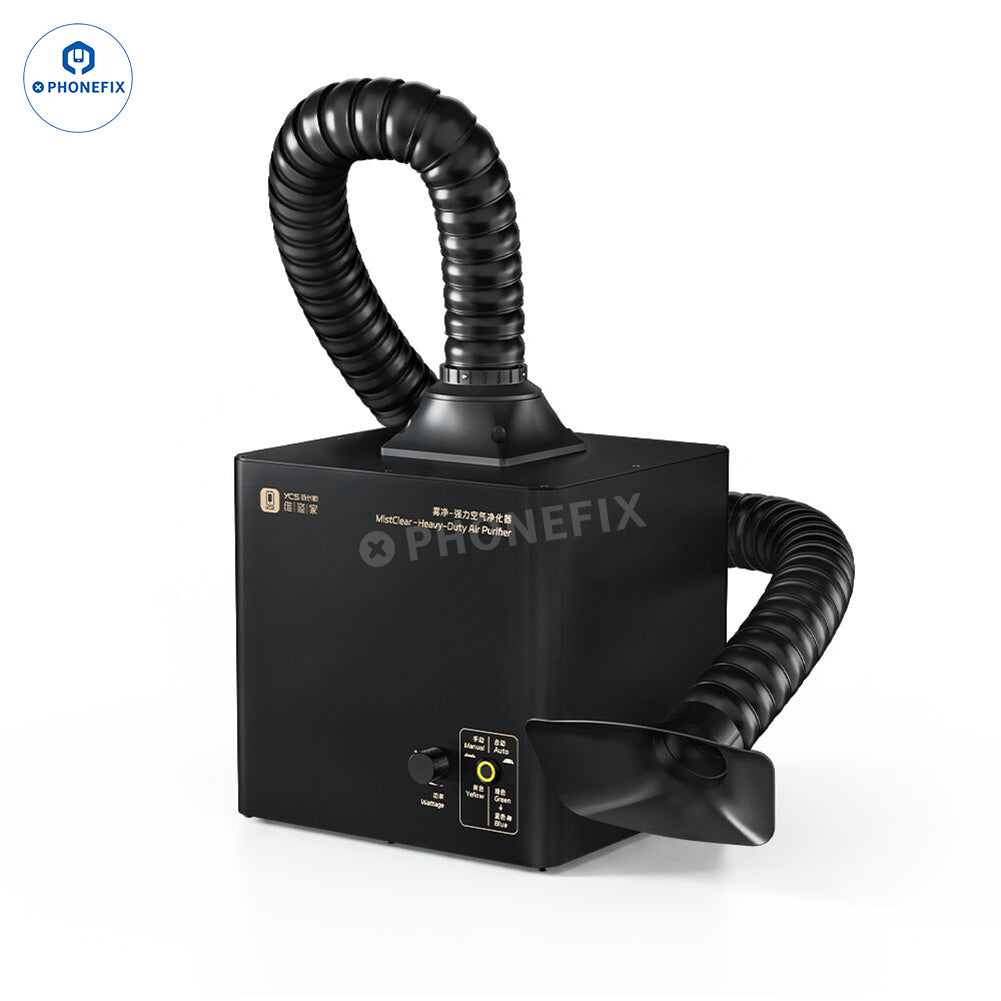 YCS X5 Air Purifier Smoke Fume Extractor by PHONEFIX capturing soldering smoke and dust for clean indoor air.