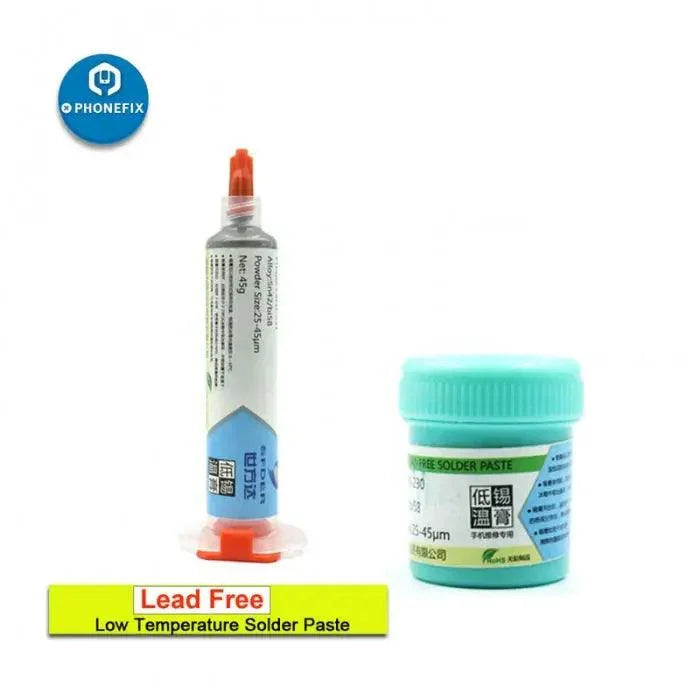 High-temperature lead-free solder paste for motherboard repair by PHONEFIX, showing the solder paste container and application tools.