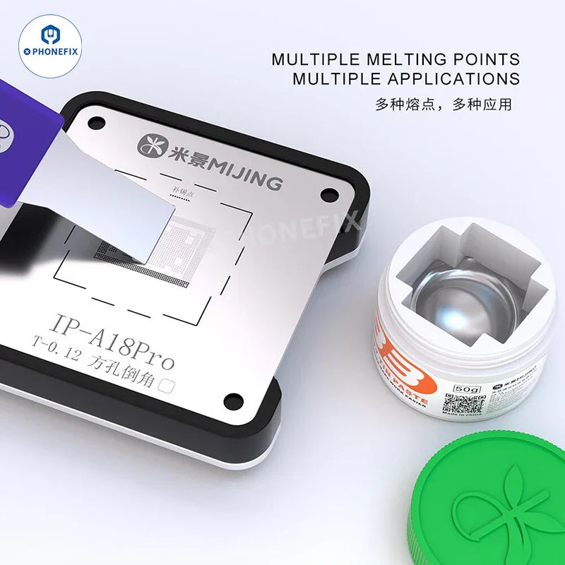 MIJING high purity solder tin paste from PHONEFIX, showing the metallic paste used for electrical soldering at various temperatures.