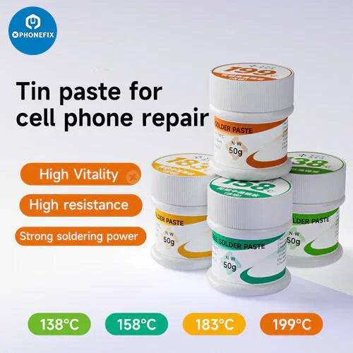 XZZ lead-free tin solder paste by PHONEFIX, showing a close-up of the solder flux in a small container for electronics assembly.