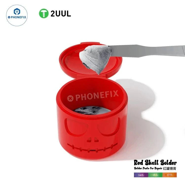 Red Skull solder paste by PHONEFIX for soldering repairs, featuring flux with melting points of 148°C, 183°C, and 199°C, 50g container.