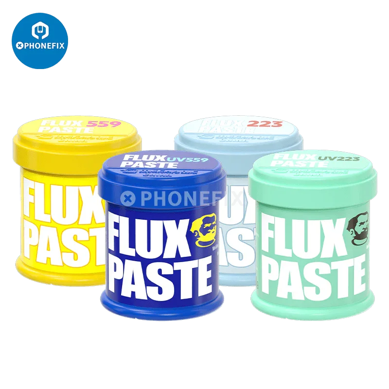 Mechanic UV223/559 lead-free solder paste flux for welding, from PHONEFIX, shown in a close-up image with soldering tools.