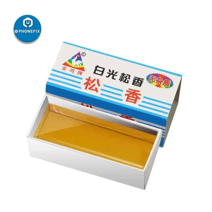 Small carton of PHONEFIX rosin solder paste welding flux for phone repair, ideal for precise soldering and circuit board work.