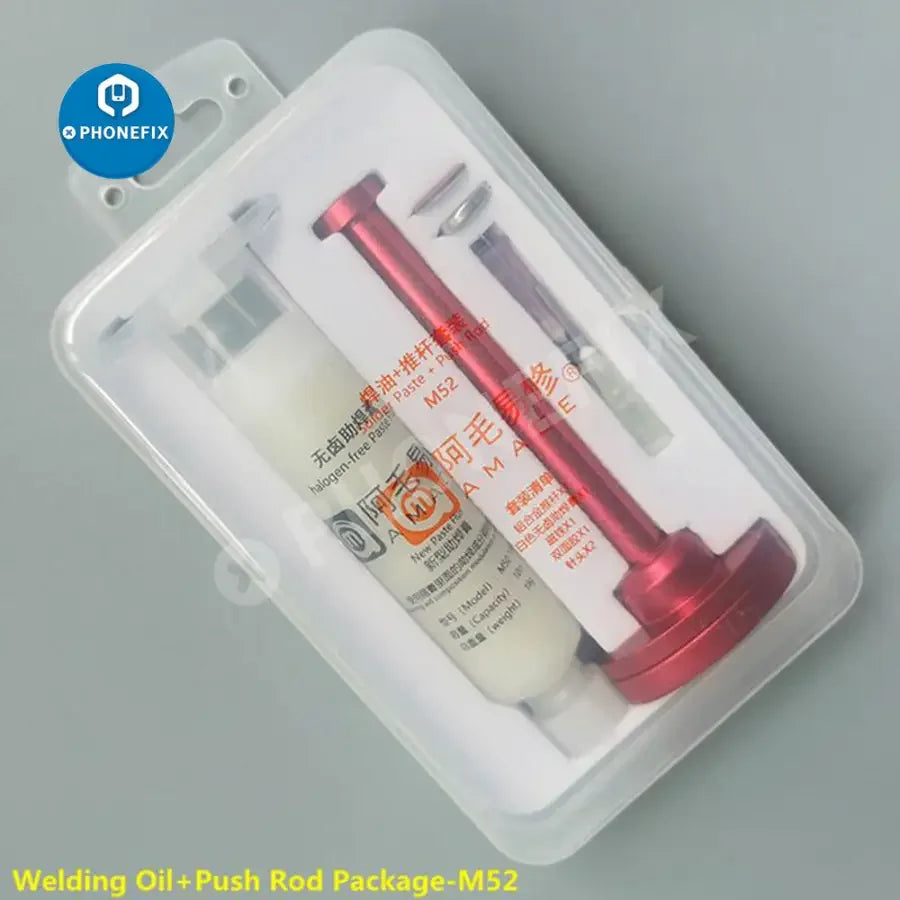 AMAOE M50 M159 M52 solder paste flux in aluminum alloy syringe, ideal for electronic soldering, by PHONEFIX.