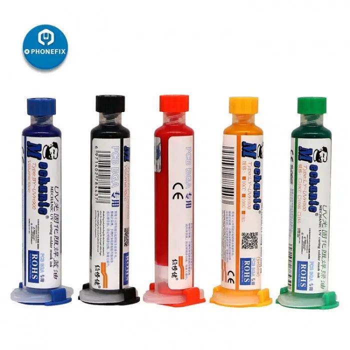 PhoneFix UV solder mask and flux oil for PCB welding, used in phone soldering and repair processes.