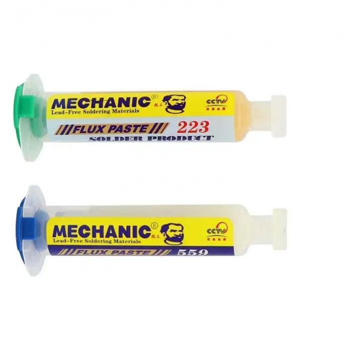 Mechanic 10CC lead-free soldering flux paste for motherboard repair, shown in a container with a brush applicator, by PHONEFIX.