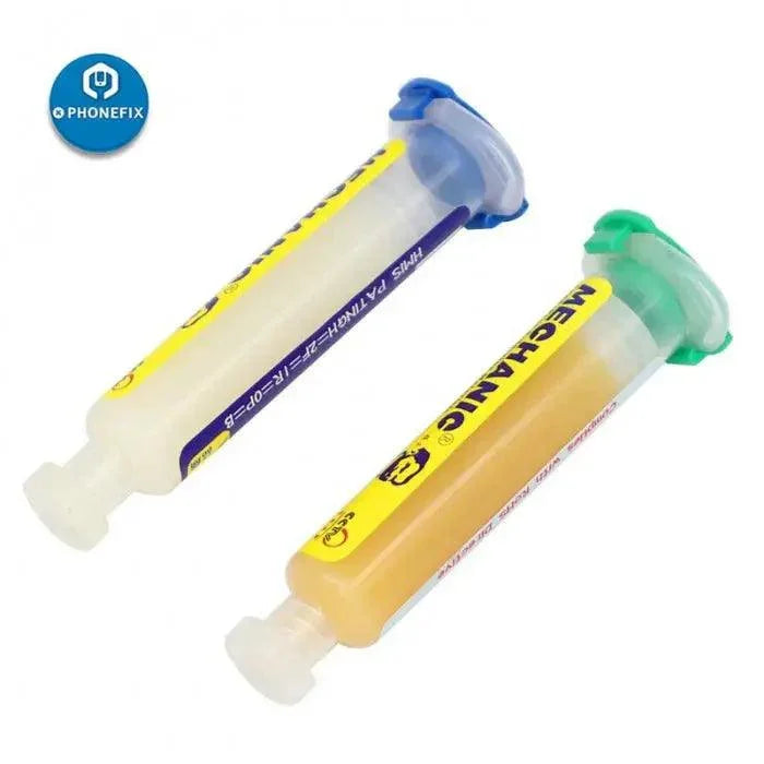 Mechanic PhoneFix lead-free soldering flux paste in 10cc tube for motherboard repair, used in electronics soldering applications.
