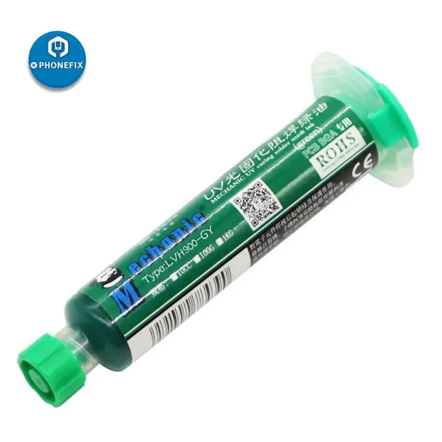 Green UV solder mask resist soldering paste from PHONEFIX, used for PCB soldering and flux application in electronics repair.