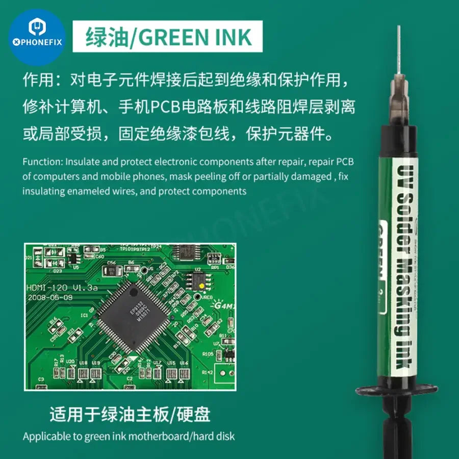 Black and green UV light curing BGA PCB solder mask ink from PHONEFIX, used for solder paste application and circuit protection.