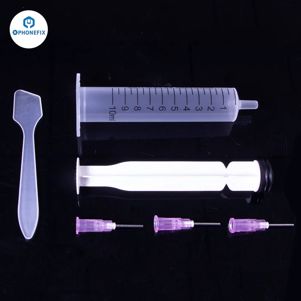 Phonefix 10CC solder paste syringe with plunger, squeeze tube dispenser, and needle for precise application of solder paste.