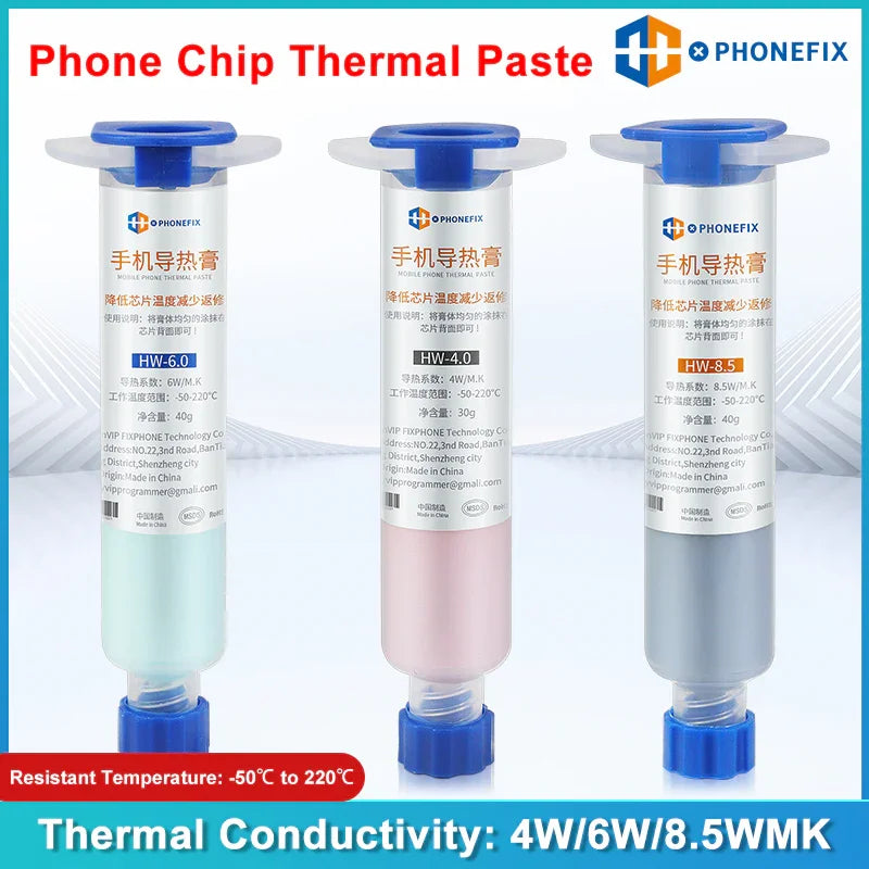 PHONEFIX chip thermal paste for phone and laptop CPU heat sinks, shown in a small tube with a white applicator tip.
