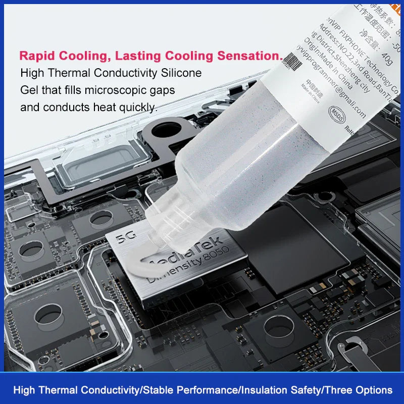 Close-up of PHONEFIX Chip Thermal Paste for phone and laptop CPU heat sink, showing the solder paste application and container.