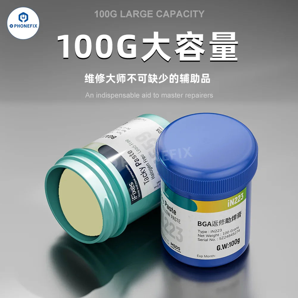 PhoneFix BGA repair solder paste, lead-free no-clean flux paste in 100g container, used for electronic soldering and rework.