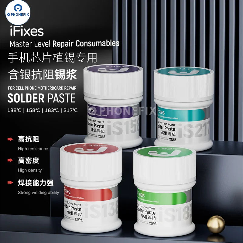 Phonefix solder paste for PCB and BGA chips, visible with syringe applicator and flux in a precise, professional application setting.
