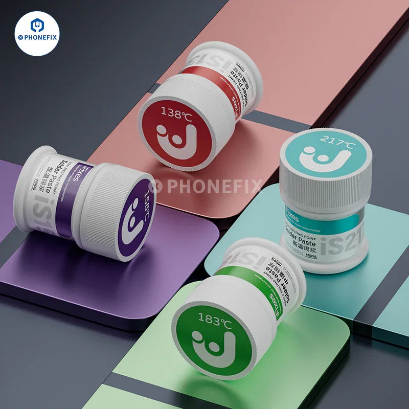 PhoneFix solder paste for PCB BGA chips, visible in various temperature versions, used for precise soldering and rework.
