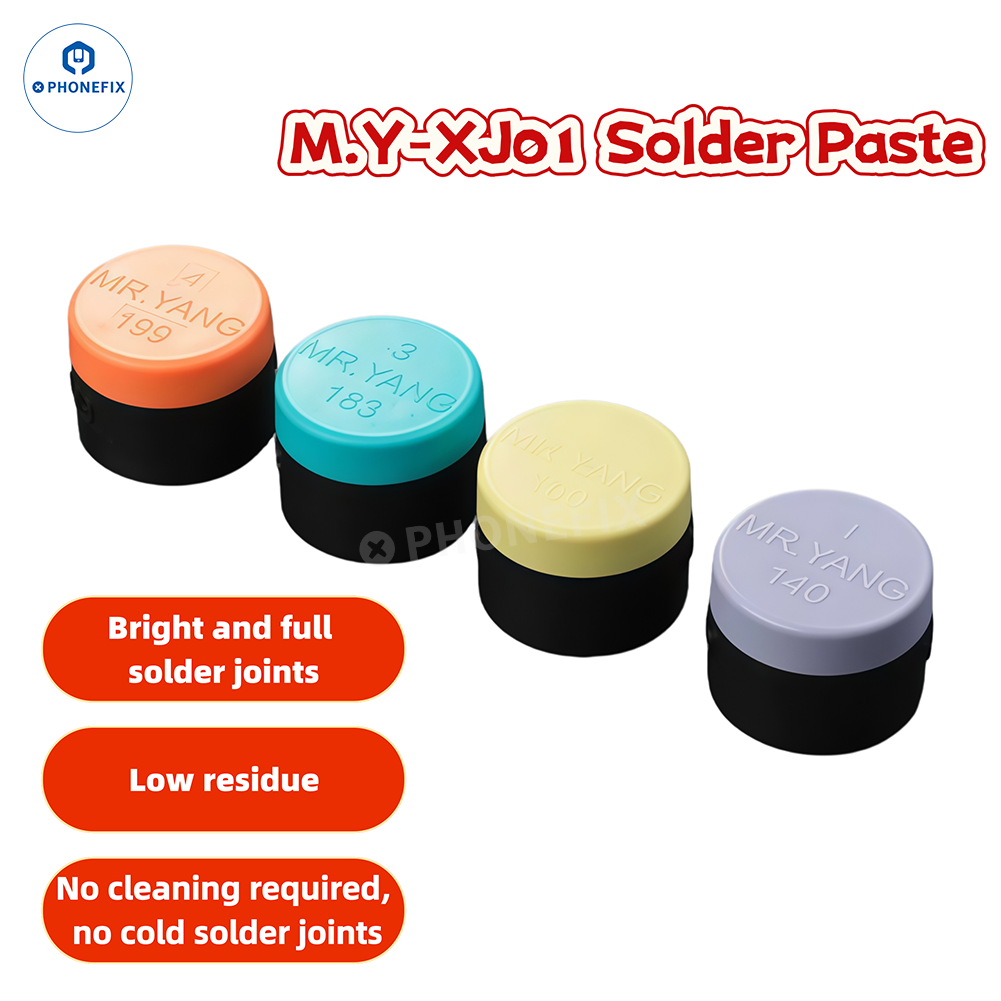 PHONEFIX YCS M.Y solder paste for phone PCB IC repair, available in 140/160/183/199°C, shown in a small container.