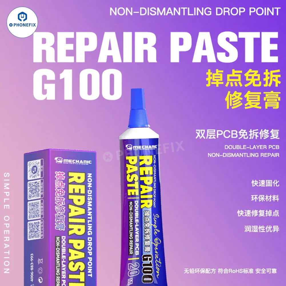 Phonefix MECHANIC G100 solder paste with drop point design, non-dismantling flux for precise repair soldering applications.