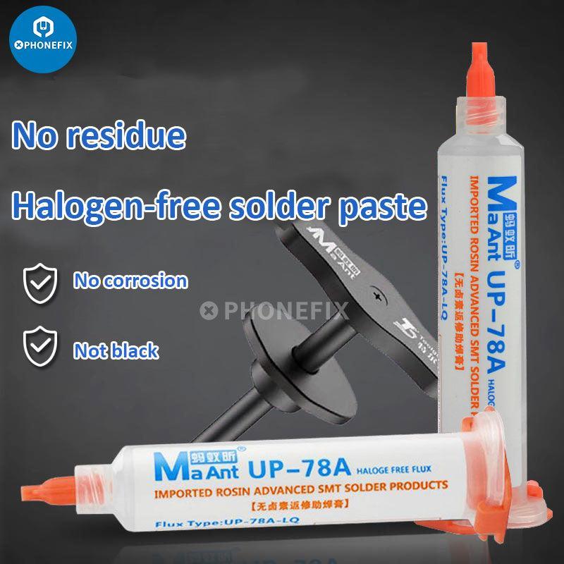 MaAnt halogen-free SMT solder paste flux with alloy tube welding tool, used for precise electronic circuit assembly.