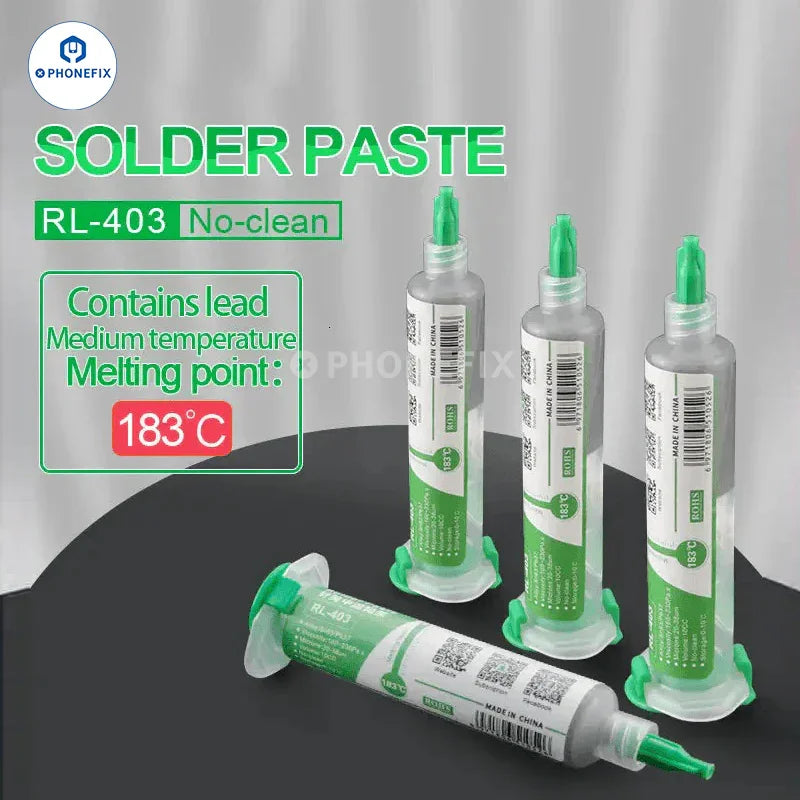 Relife no-clean solder paste in a 10cc tube, used for PCB BGA chip soldering, by PHONEFIX, with a white applicator tip visible.