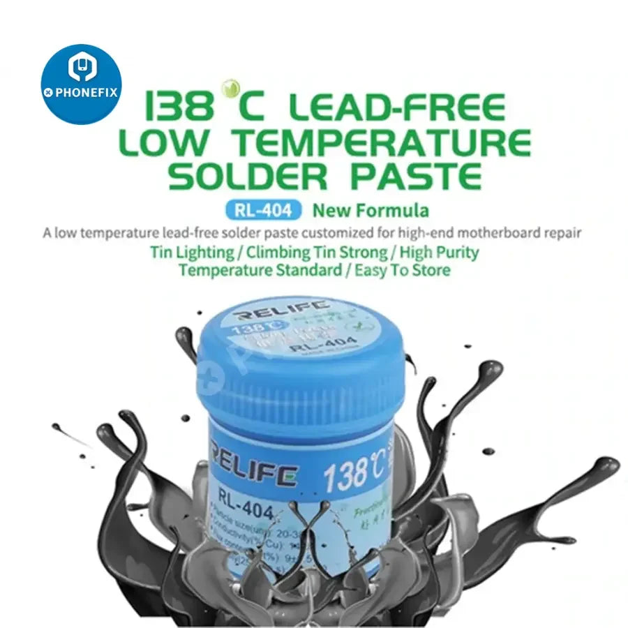Relife RL-404 lead-free solder flux paste for low-temperature soldering, shown in a close-up image with a silver-colored paste.