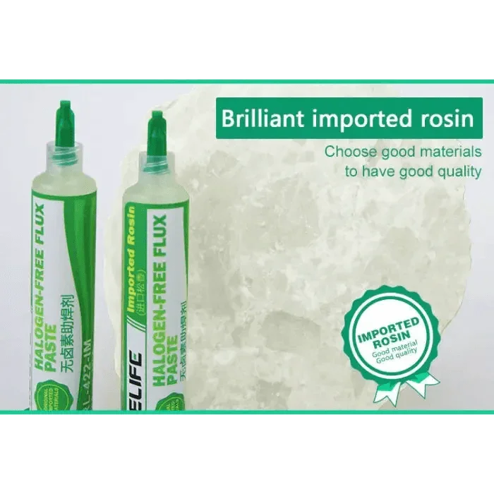 Relife RL-422-IM lead-free BGA solder flux paste for soldering station, shown in a close-up image.