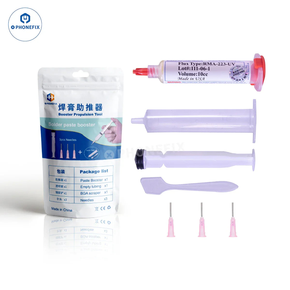 OEM RMA-223 NC-559-ASM BGA soldering paste flux syringe, PHONEFIX branded solder paste for BGA rework and soldering applications