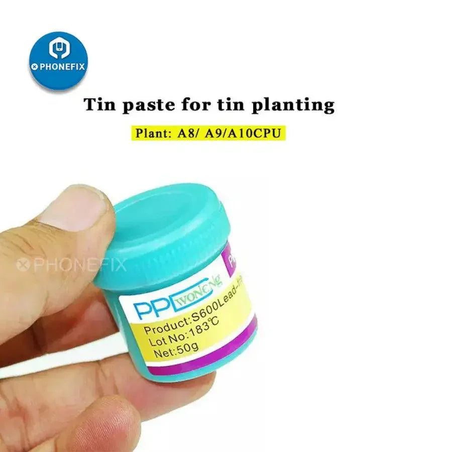 Lead-free solder paste for A8-A11 CPU repair, PHONEFIX brand, with precise 138-183°C melting range, shown in the image.