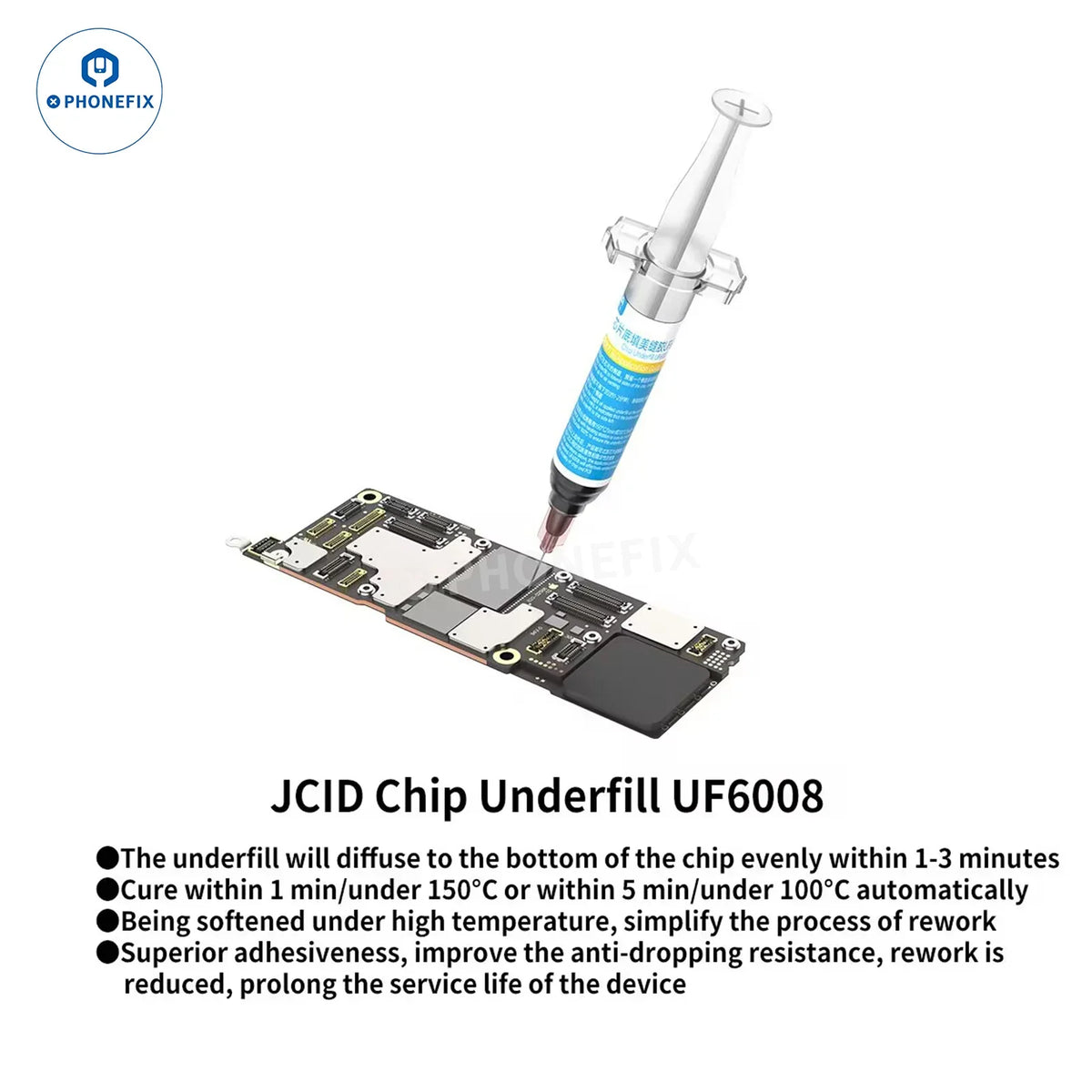 PhoneFix JCID UF6008 adhesive solder paste for mobile phone PCB chip underfill repair, shown in the image.