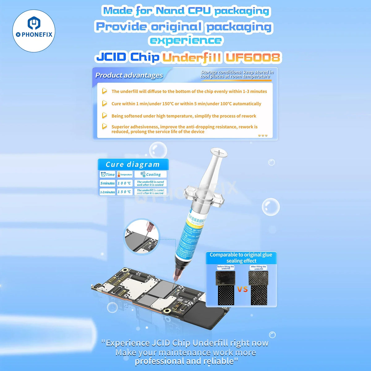 PhoneFix JCID UF6008 adhesive solder paste for mobile phone PCB chip underfill repair, shown in the image.