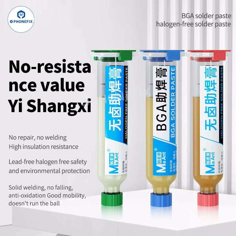 PhoneFix MaAnt BGA Solder Paste, halogen-free, lead-free repair flux for electronic circuit board soldering applications.