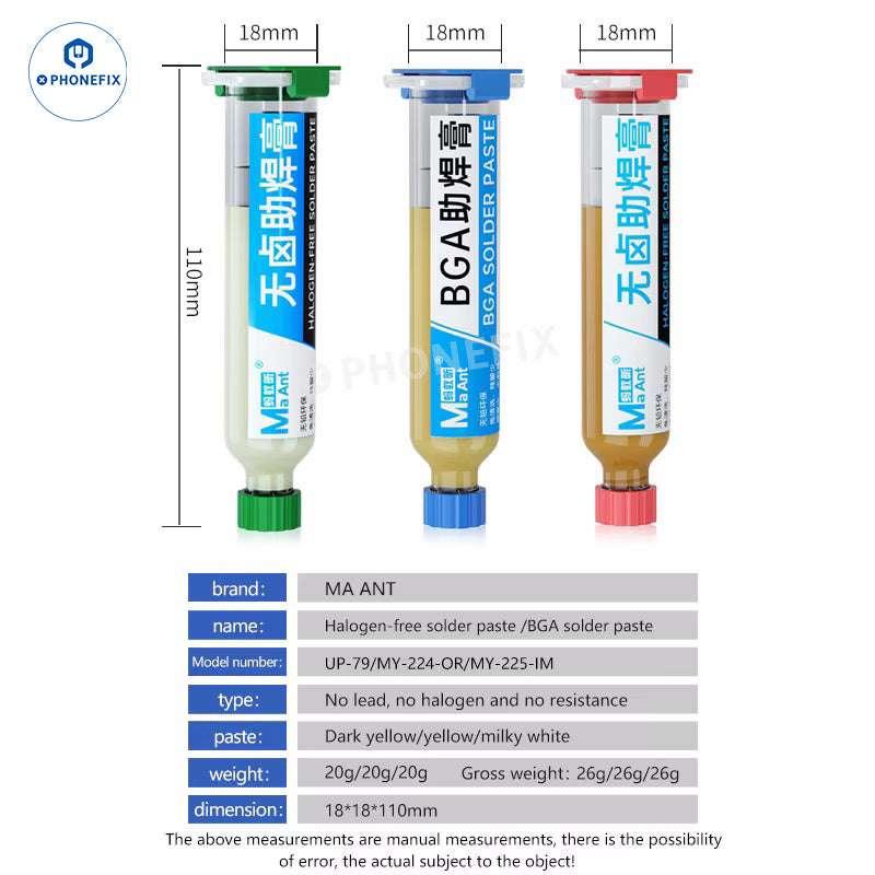PhoneFix MaAnt BGA Solder Paste, halogen-free and lead-free repair flux for electronics soldering, shown in the image.